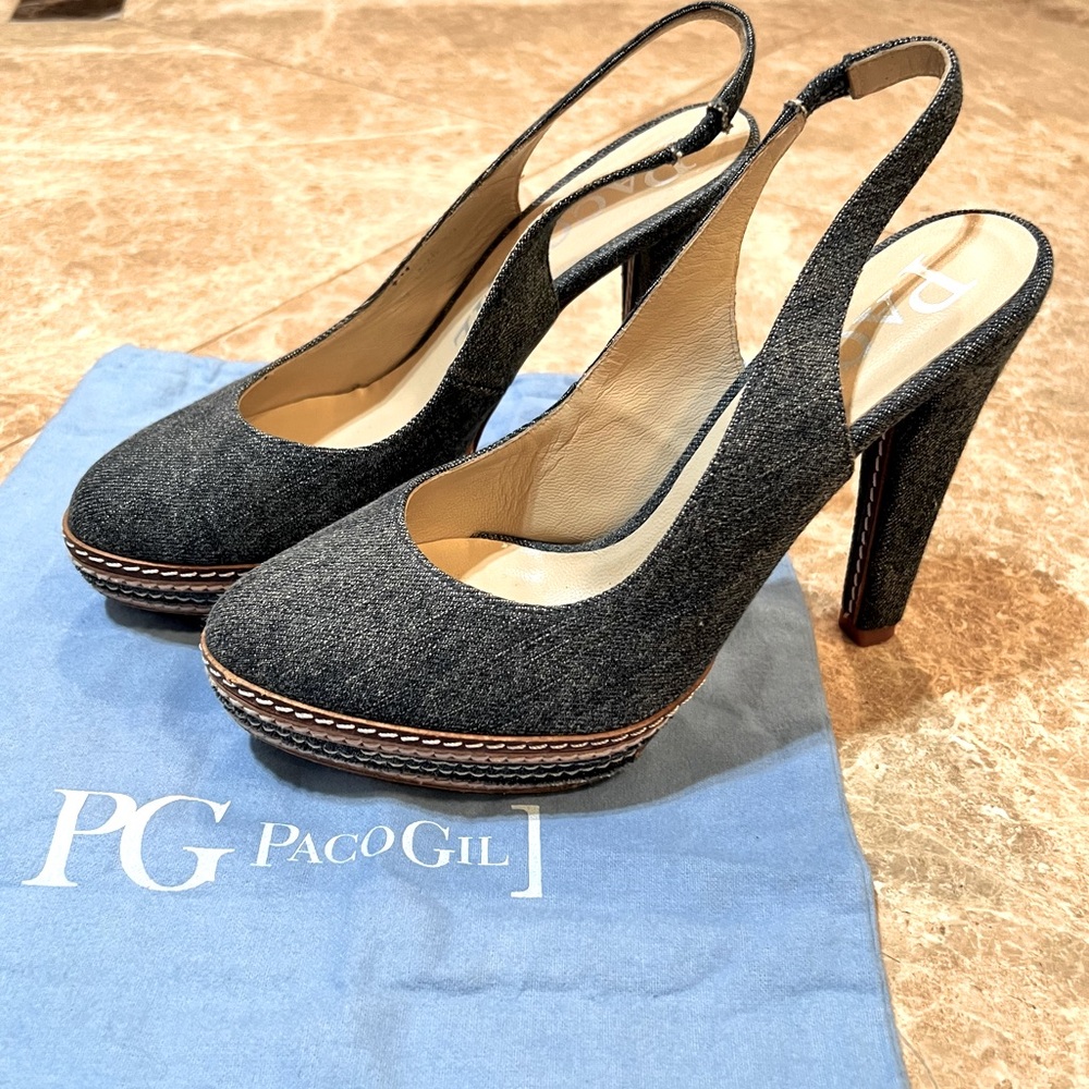 Paco Gil-Denim Platform Sling Back High Heel Pumps+Dust Bag-Sz 39